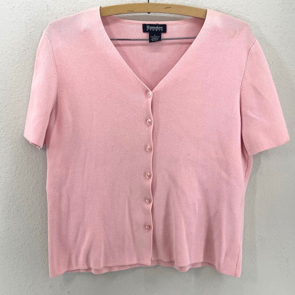 Ribbed Knit Short Sleeve Cardigan Womens L Pink 100%‎ Cotton Balletcore Coquette